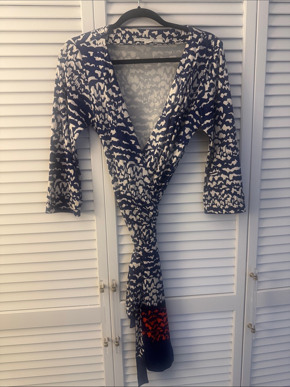 Diane Von Furstenberg Blue, White & Orange Long Sleeve Wrap Dress 12